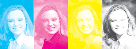 Cyan, magenta, yellow, and black (CMYK) inks when printed separately. During normal print production, these would be printed on top of one another.